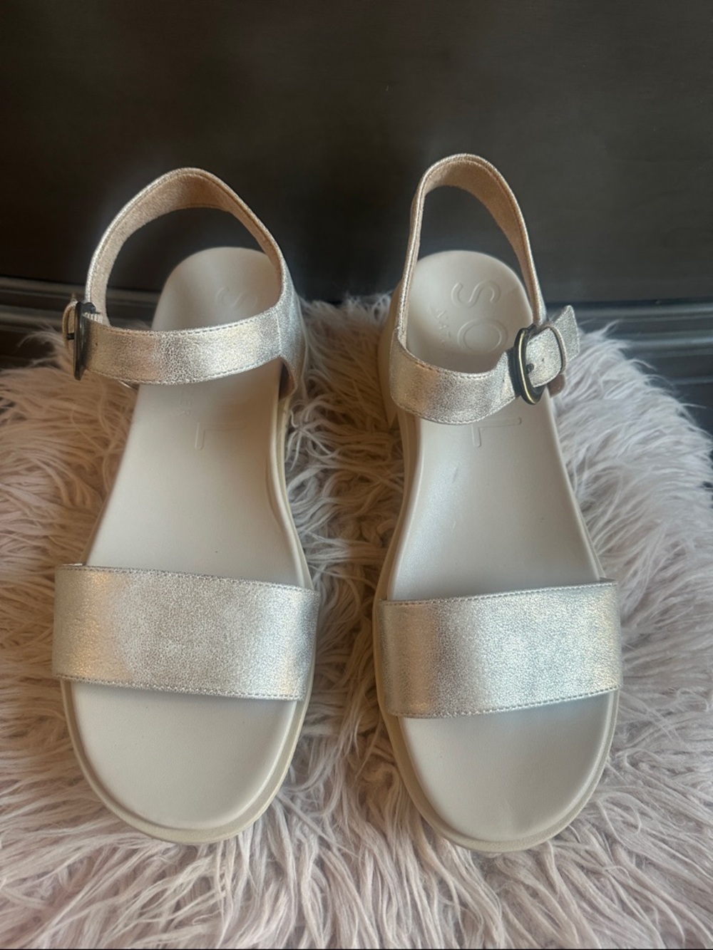 SOUL Naturalizer Metallic Silver Two-Strap Slingback Sandals